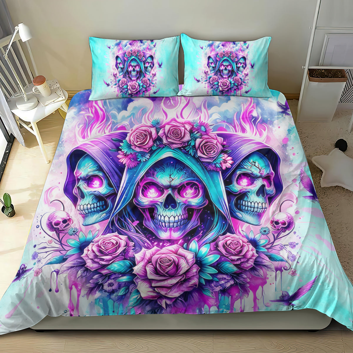 Skull Bedding Set Skulls And Flower Roses Pattern Duvet Covers Blue