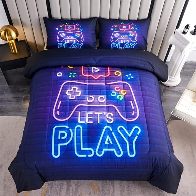 Game Bedding Set Let’s Play Game Console Neon Light Duvet Covers