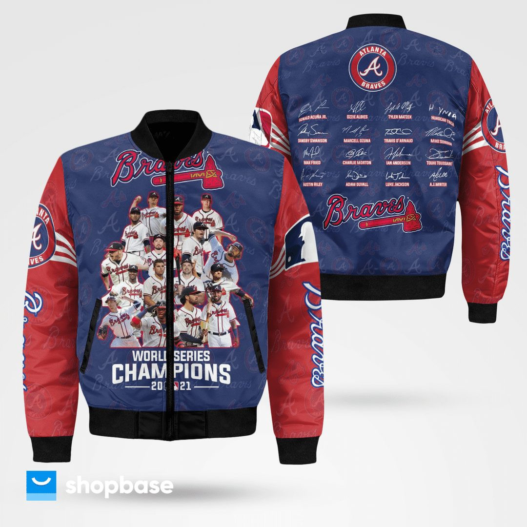 Atlanta Braves Players Team Signatures 2021 World Series Champions Bomber Jacket