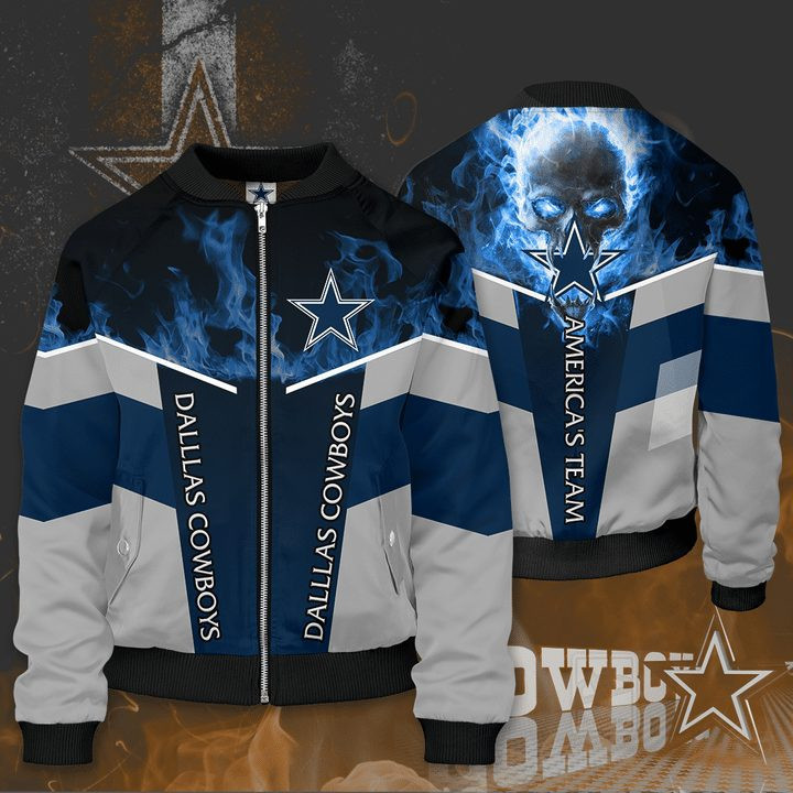 Cowboys Skull Blue Fire Bomber Jacket