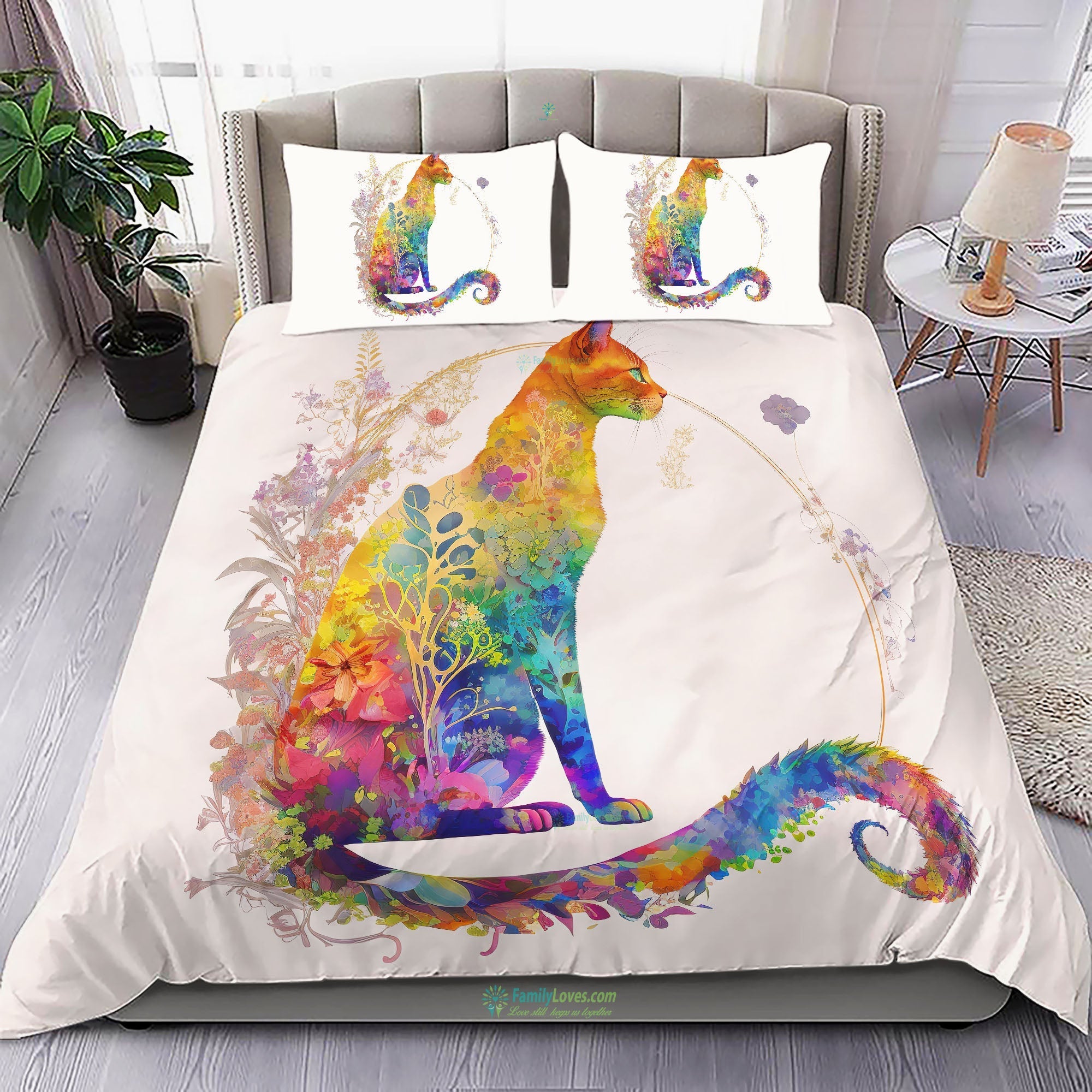 Cat Bedding Set Cat And Flower Watercolor Art Duvet Covers