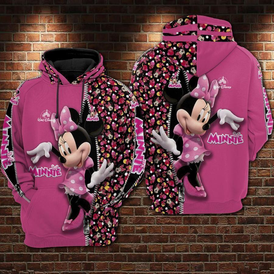 Minnie Mouse, Minnie Face Pattern Zipper Pink Aop Hoodie