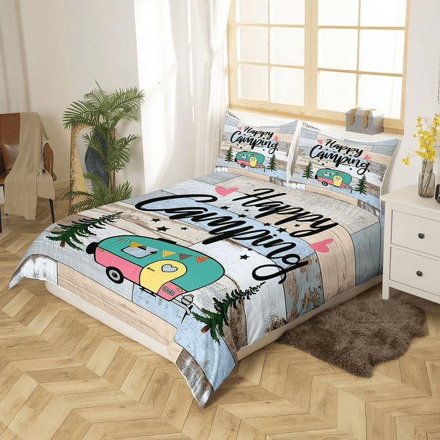 Camping Bedding Set Rustic Wood Pattern Happy Camping Duvet Covers
