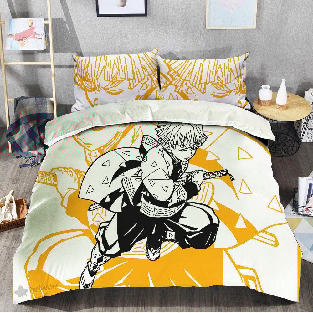 Demon Slayer Bedding Set Zenitsu Agatsuma Fighting Scene Duvet Covers Orange