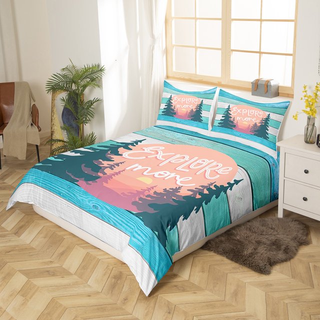Camping Bedding Set Forest Explore More Wood Pattern Duvet Covers Blue