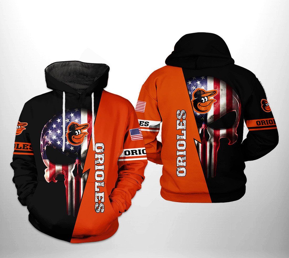 Baltimore Orioles MLB US Flag Skull 3D All Over Print Hoodie & Zip Hoodie