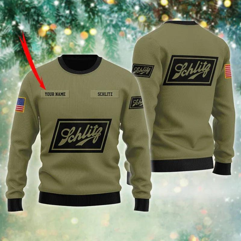 Personalized Schlitz Beer USA Flag Ugly Christmas Sweater