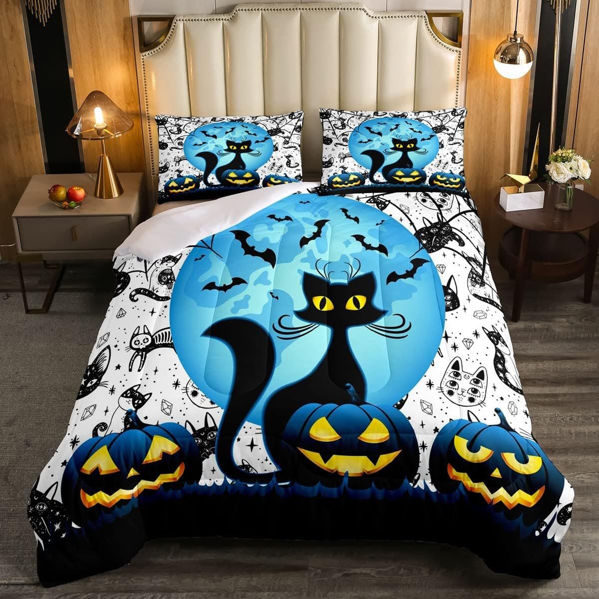 Halloween Bedding Set Enchanting Witch Cat Halloween Duvet Covers Blue