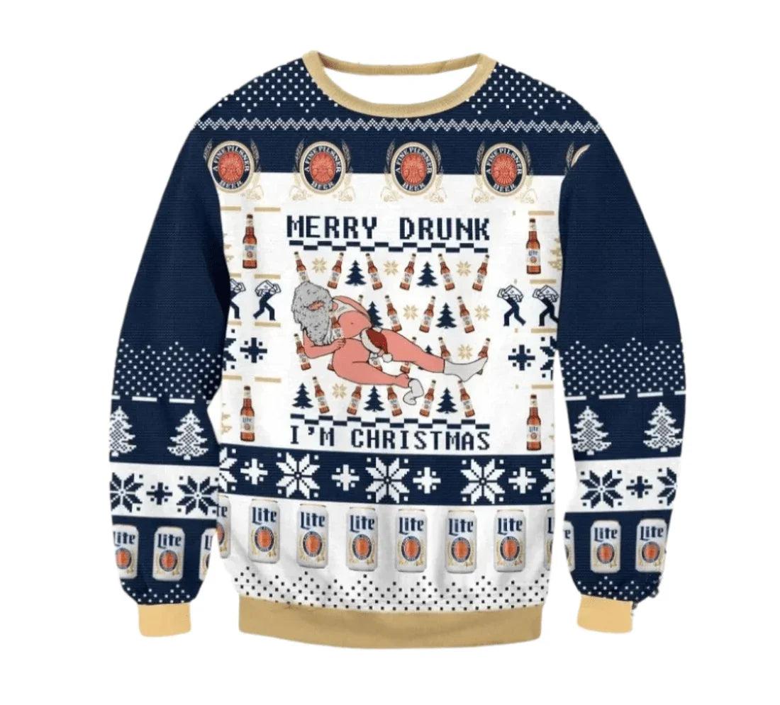 Miller Lite Merry Drunk Ugly Christmas Sweater