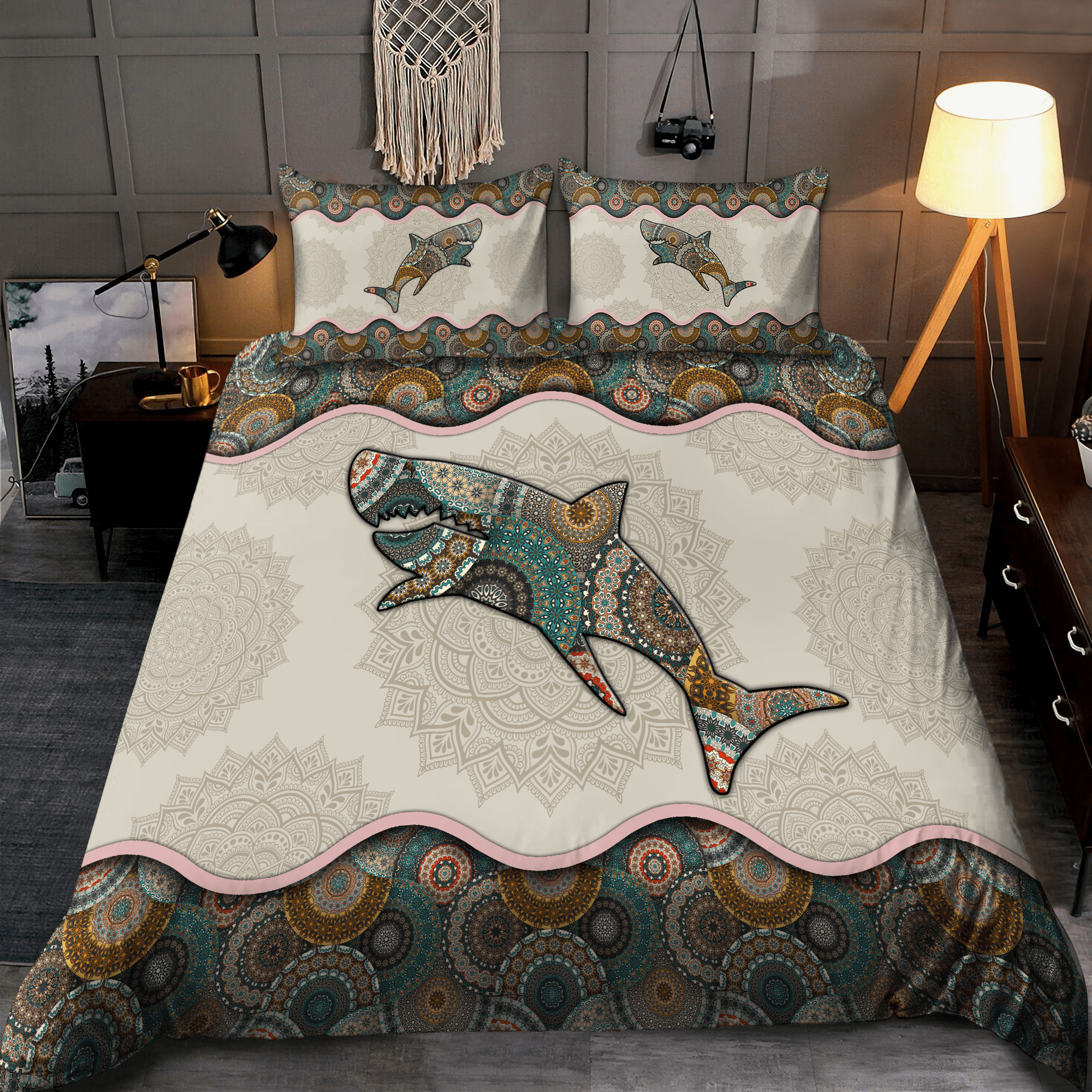 Shark Bedding Set The Shark Mandala Pattern Duvet Covers Green