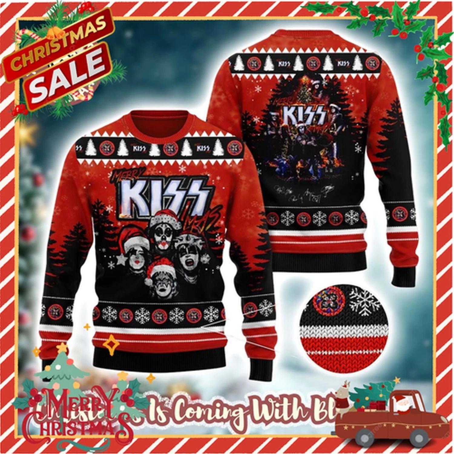 NEW Kiss Merry Kissmas Funny Faces With Santa Hat Red Ugly Christmas Sweater