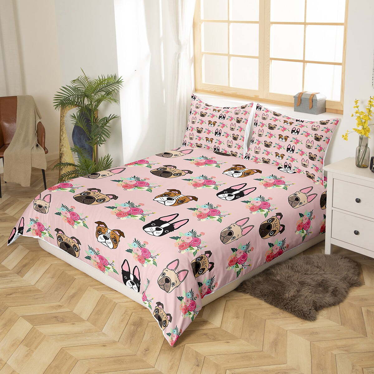 Dog Bedding Set Puppy Bulldog And Flower Pattern Duvet Covers