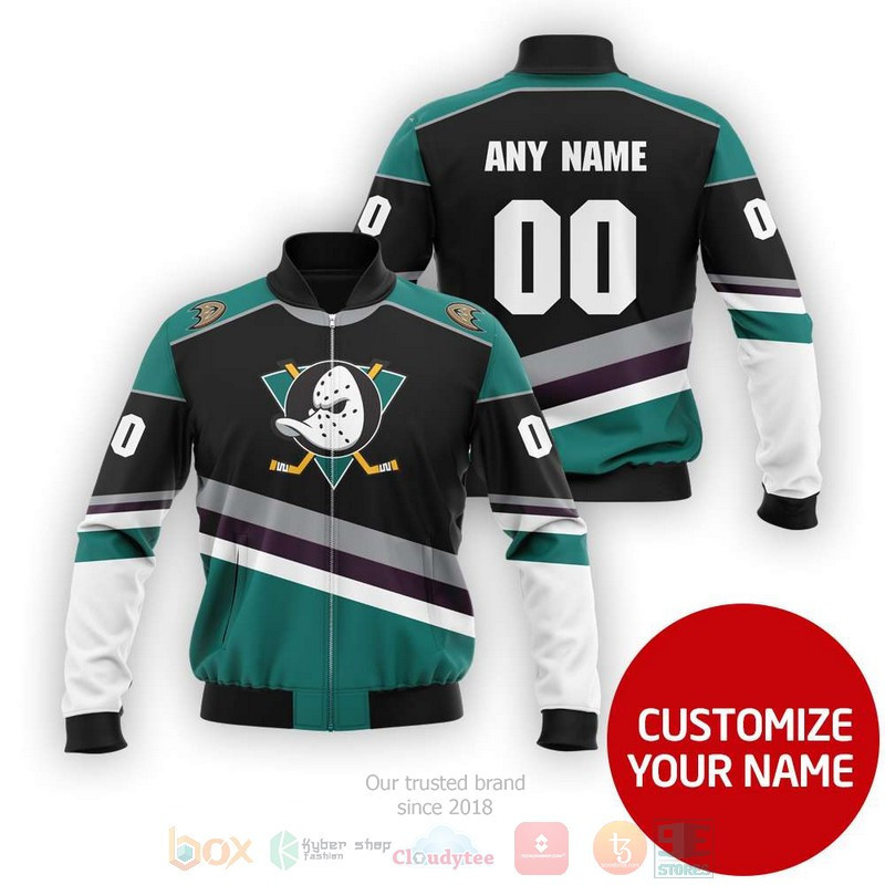 Anaheim Ducks Custom Name Number Black Green Bomber Jacket