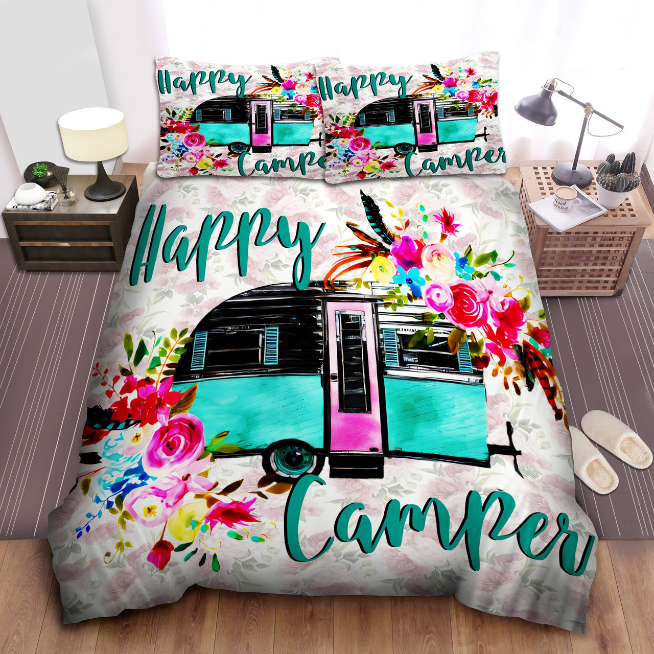 Camping Bedding Set Happy Camper Vans Flowers Duvet Covers