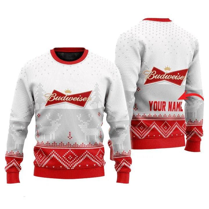 Personalized Budweiser Winter Reindeer Ugly Christmas Sweater