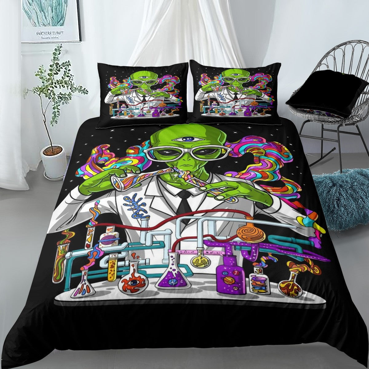 Alien Bedding Set Scientist Alien Makes Experiment Duvet Covers