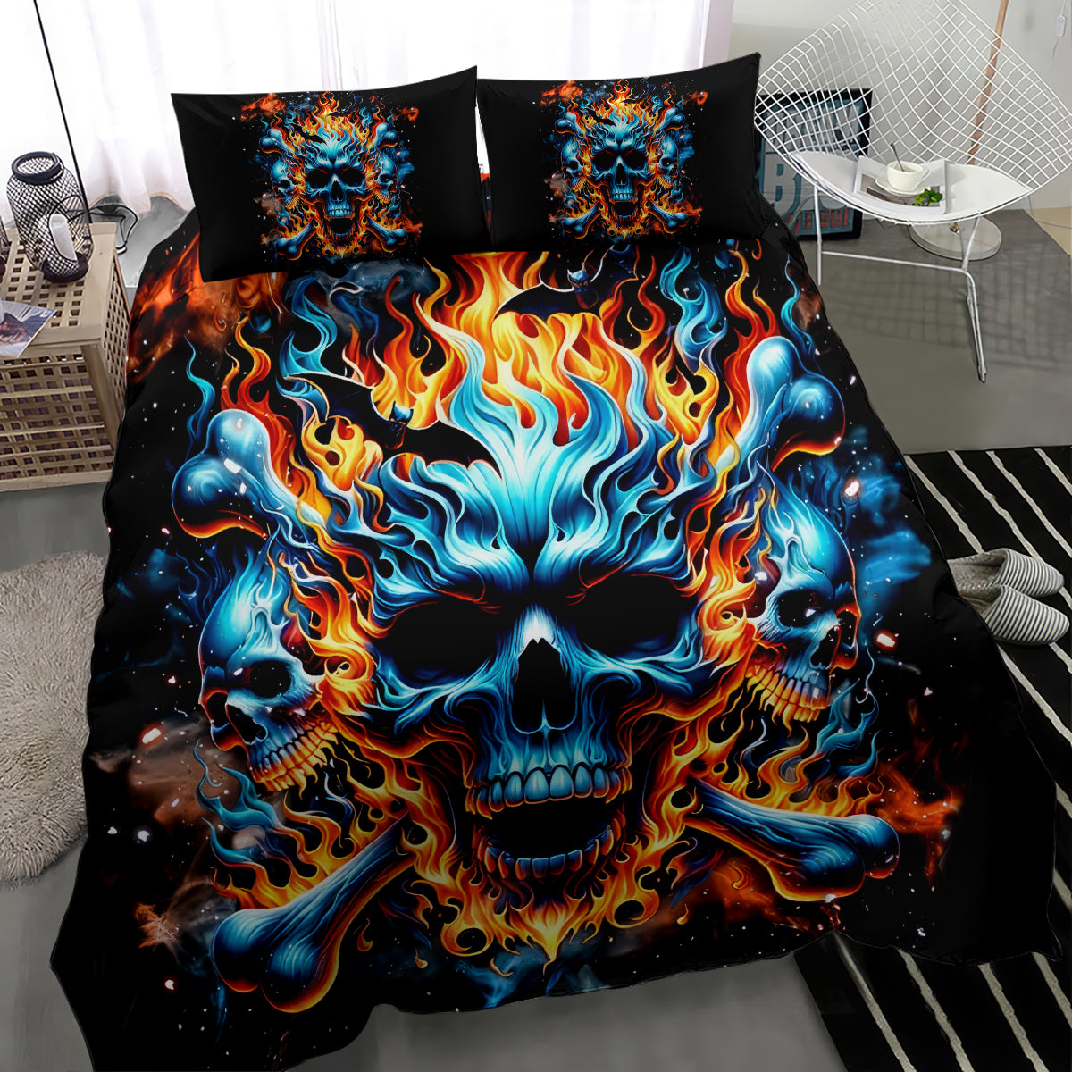 Skull Bedding Set Flaming Skull And Bone Duvet Covers Black