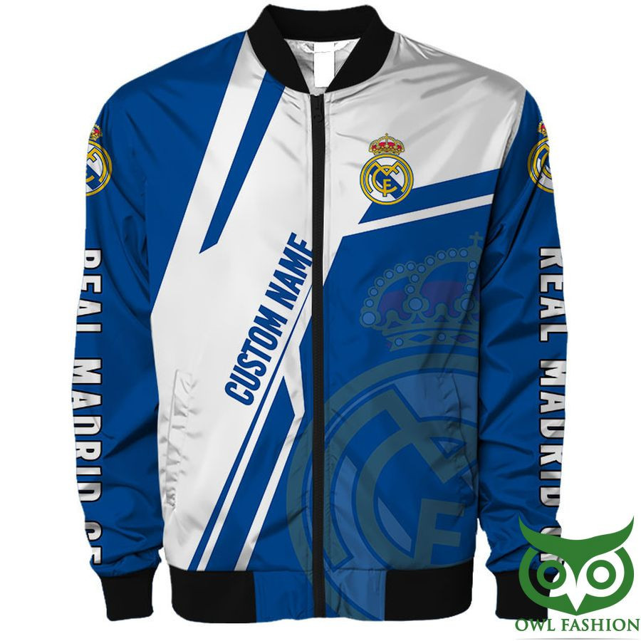 Real Madrid Custom Name Blue White Logo Bomber Jacket