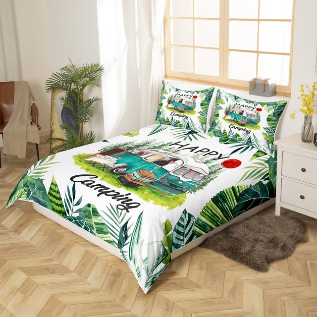 Camping Bedding Set Happy Camping RV Car In Forest Duvet Covers White