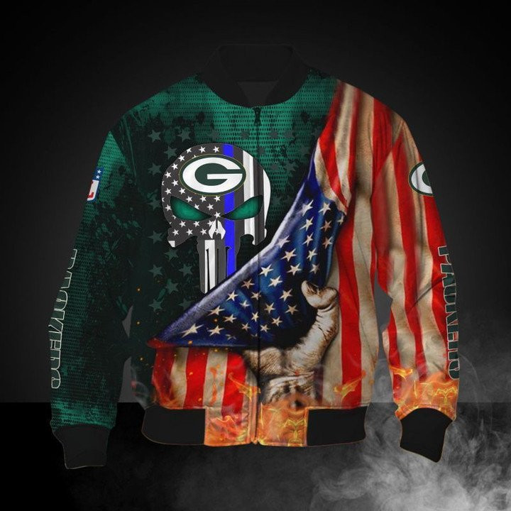 Green Bay Packers American Flag Skull Bomber Jacket V2