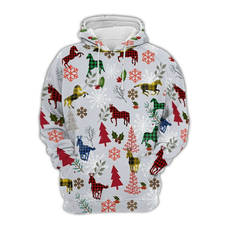 Horse Christmas Hoodie Horse Christmas Tree Snowflakes White 3d Hoodie Zip Hoodie