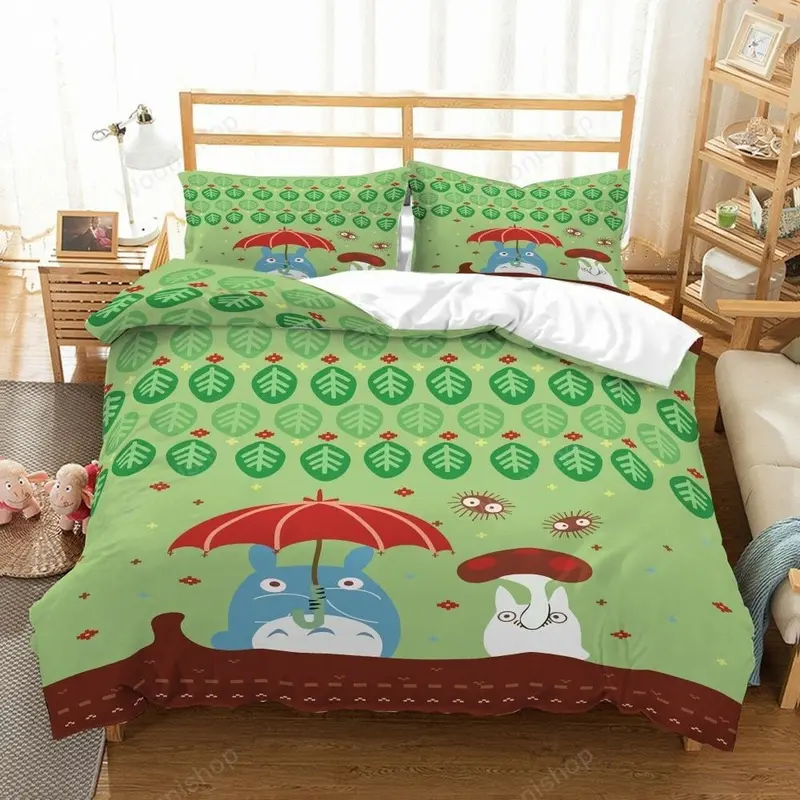 SGhibli Bedding Set Totoro Hides From Rain Leaf Pattern Duvet Covers