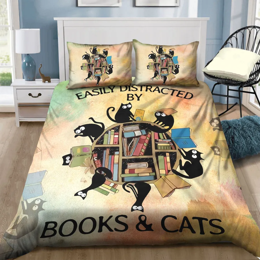 Book Bedding Set Easily Distracted By Books And Cats Duvet Covers