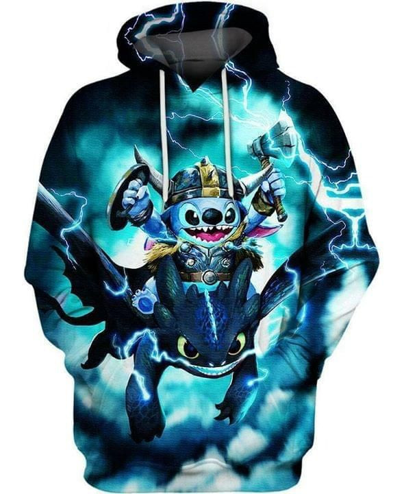 Stitch Riding Toothless Full Printing Hoodie 3d Hoodie