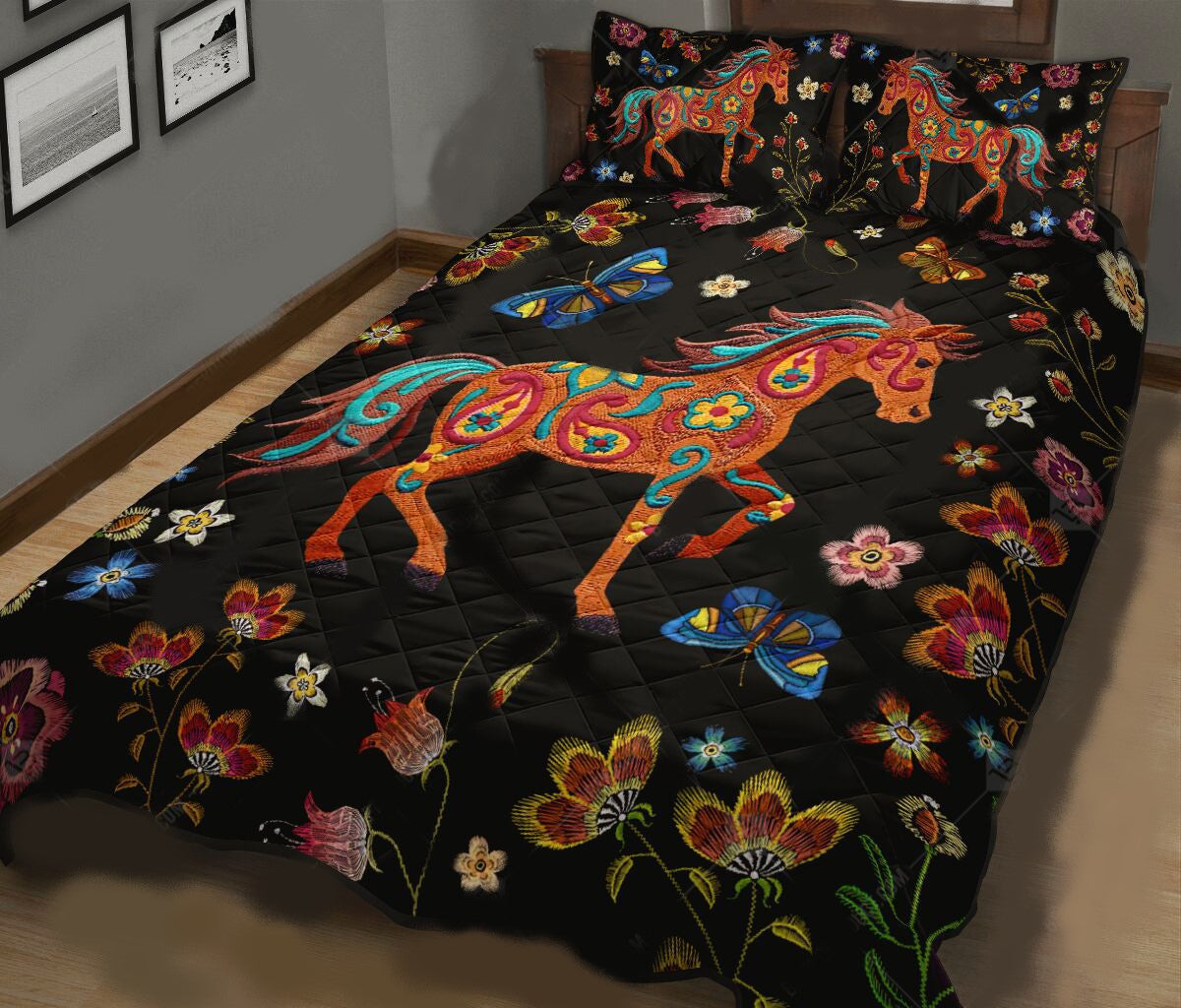 Horse Bedding Set Horse Bohemian Embroidery Flower Duvet Covers