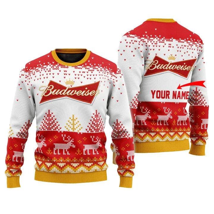 Personalized Budweiser Reindeer Ugly Christmas Sweater