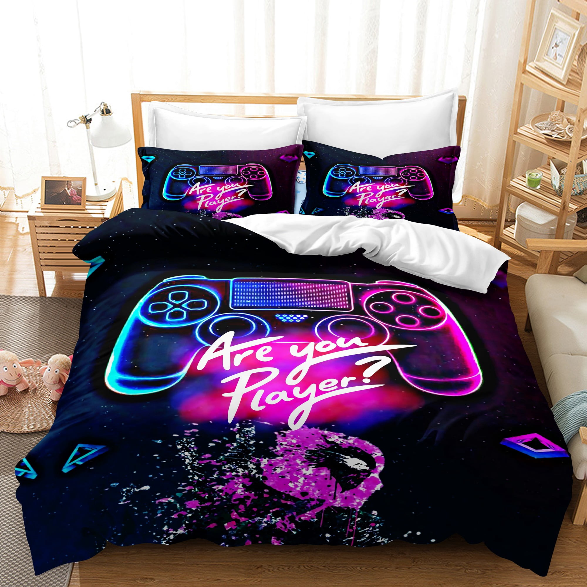 Game Bedding Set Are You A Player Console Neon Light Duvet Covers Pink