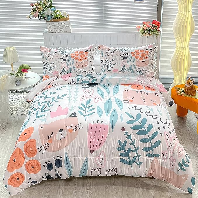Cat Bedding Set Meow Cat Flower And Leaves Pattern Duvet Covers