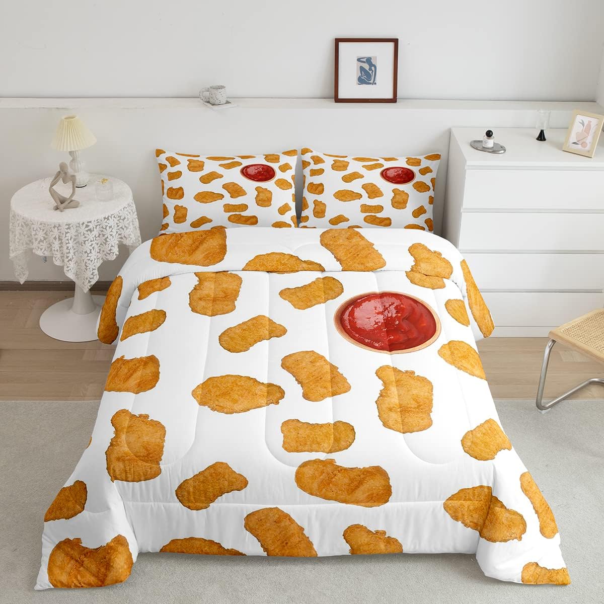 Funny Bedding Set Funny Yummy Fried Chicken Nuggets Duvet Covers White