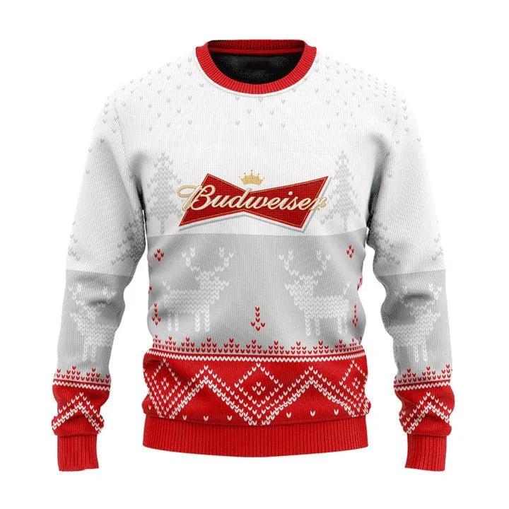 Personalized Budweiser Winter Reindeer Ugly Christmas Sweater