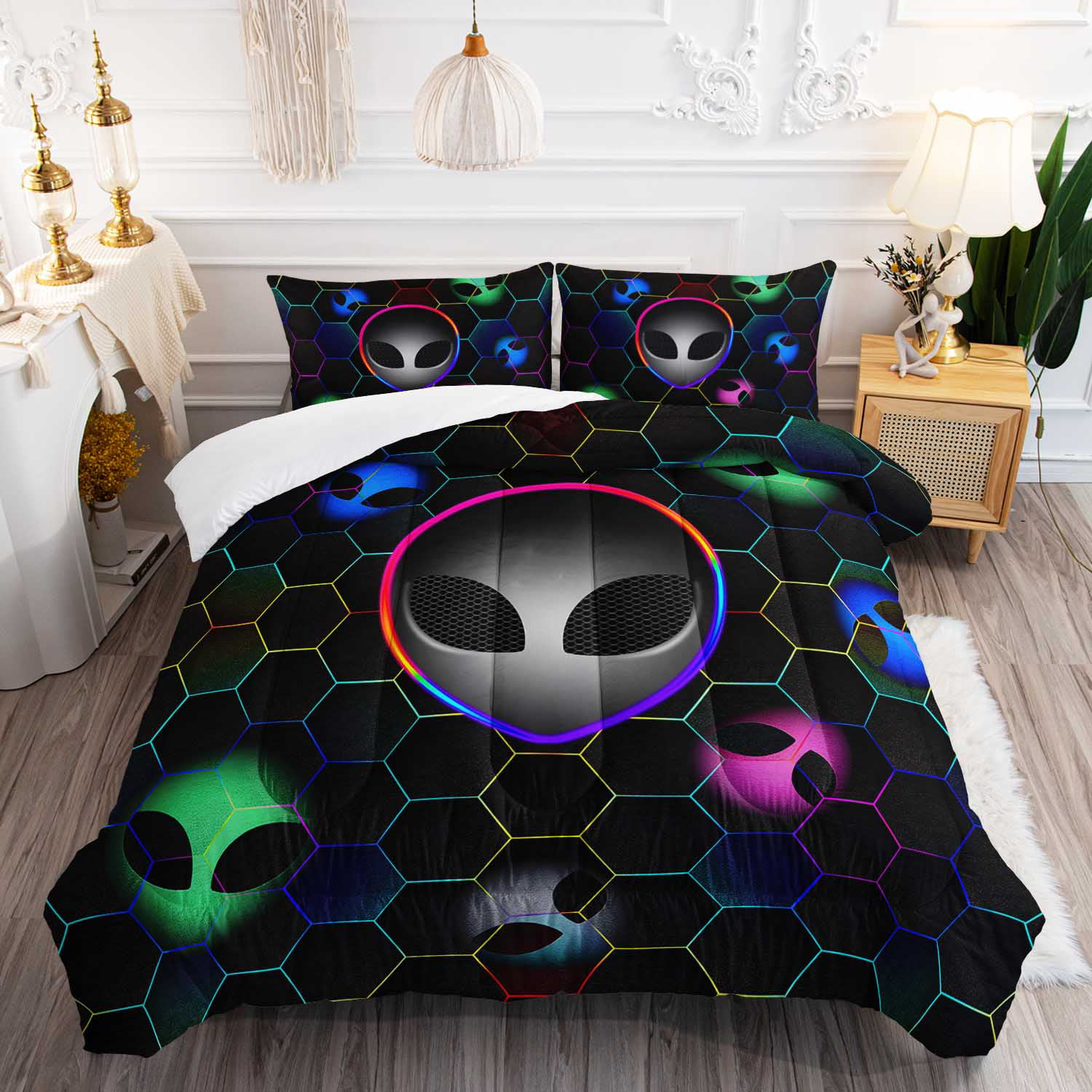Alien Bedding Set Alien Heads Hexagon Pattern Duvet Covers