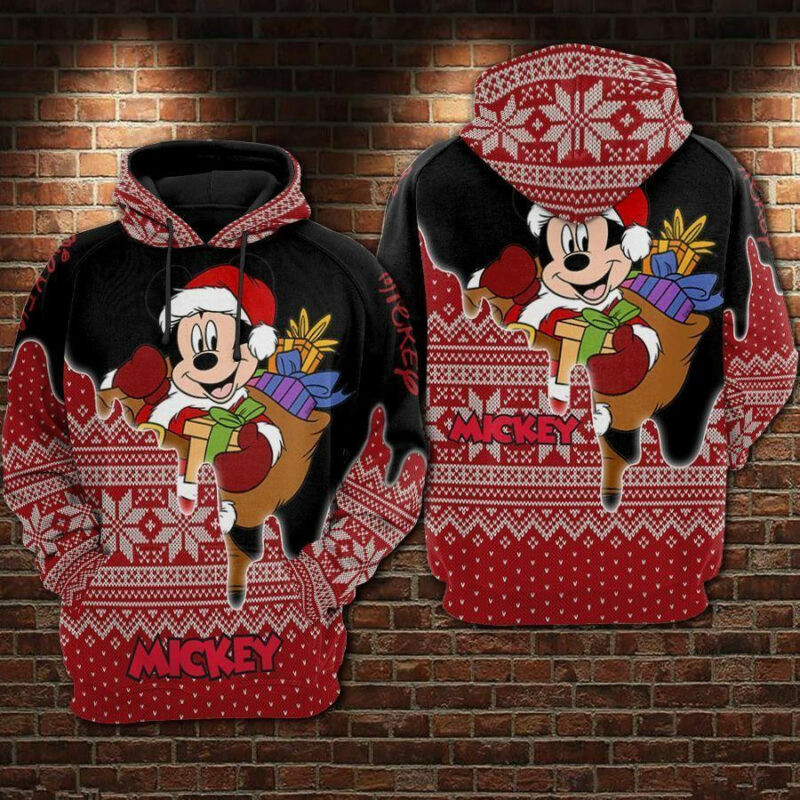 Santa Mickey Mouse Christmas Snowflake Pattern Black Red 3d Hoodie Zip Hoodie
