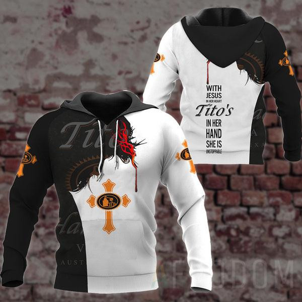 Tito's Vodka Lover Gift, With Jesus In Her Heart Tito's In Her Hand She Is Unstopable Aop Hoodie, Zip Hoodie 28