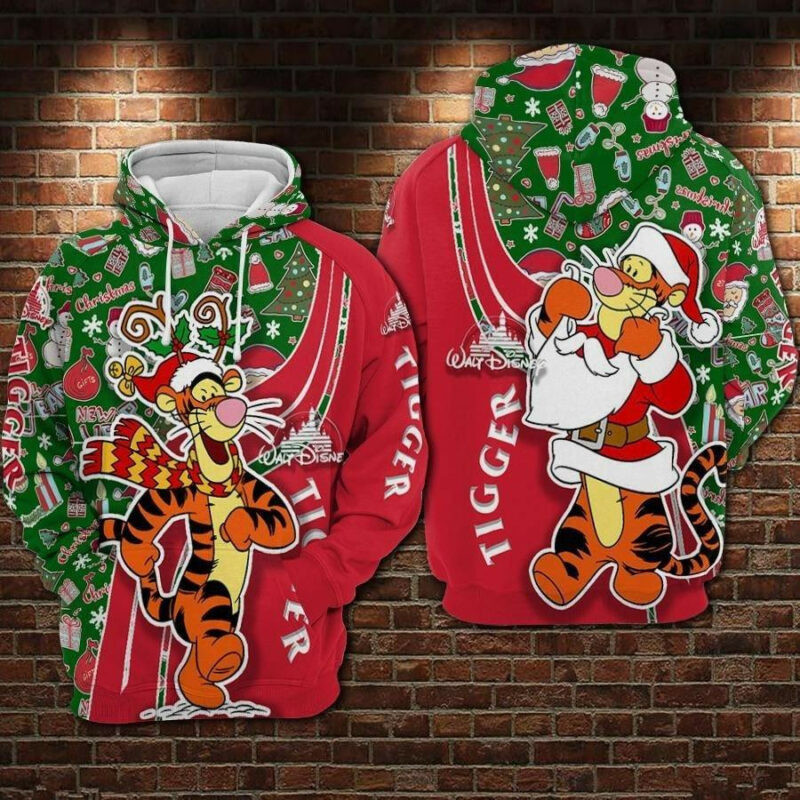 Winnie The Pooh Hoodie Tigger Christmas Pattern Red Green 3d Hoodie Zip Hoodie