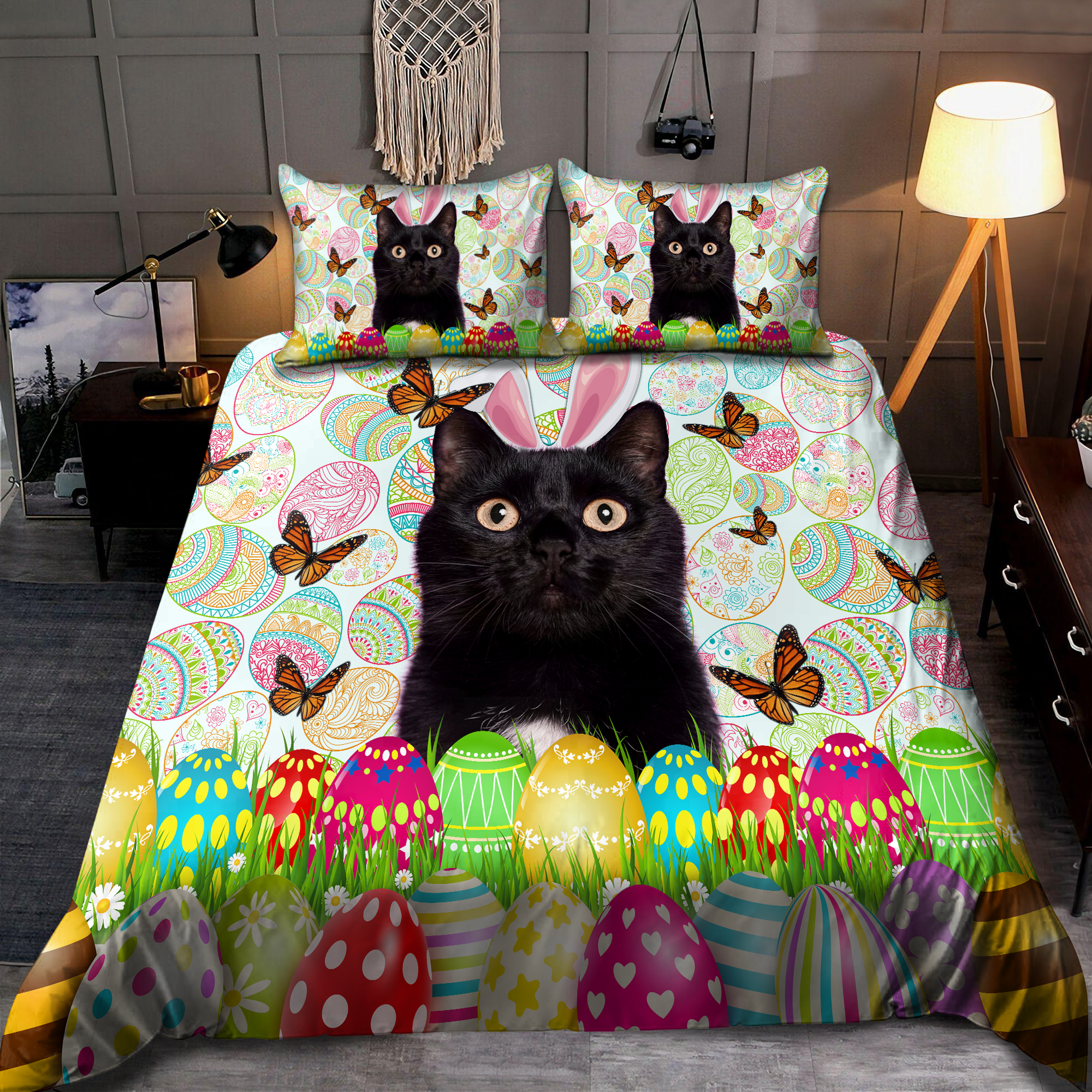 Cat Bedding Set Easter Day Black Cat Egg Pattern Duvet Covers