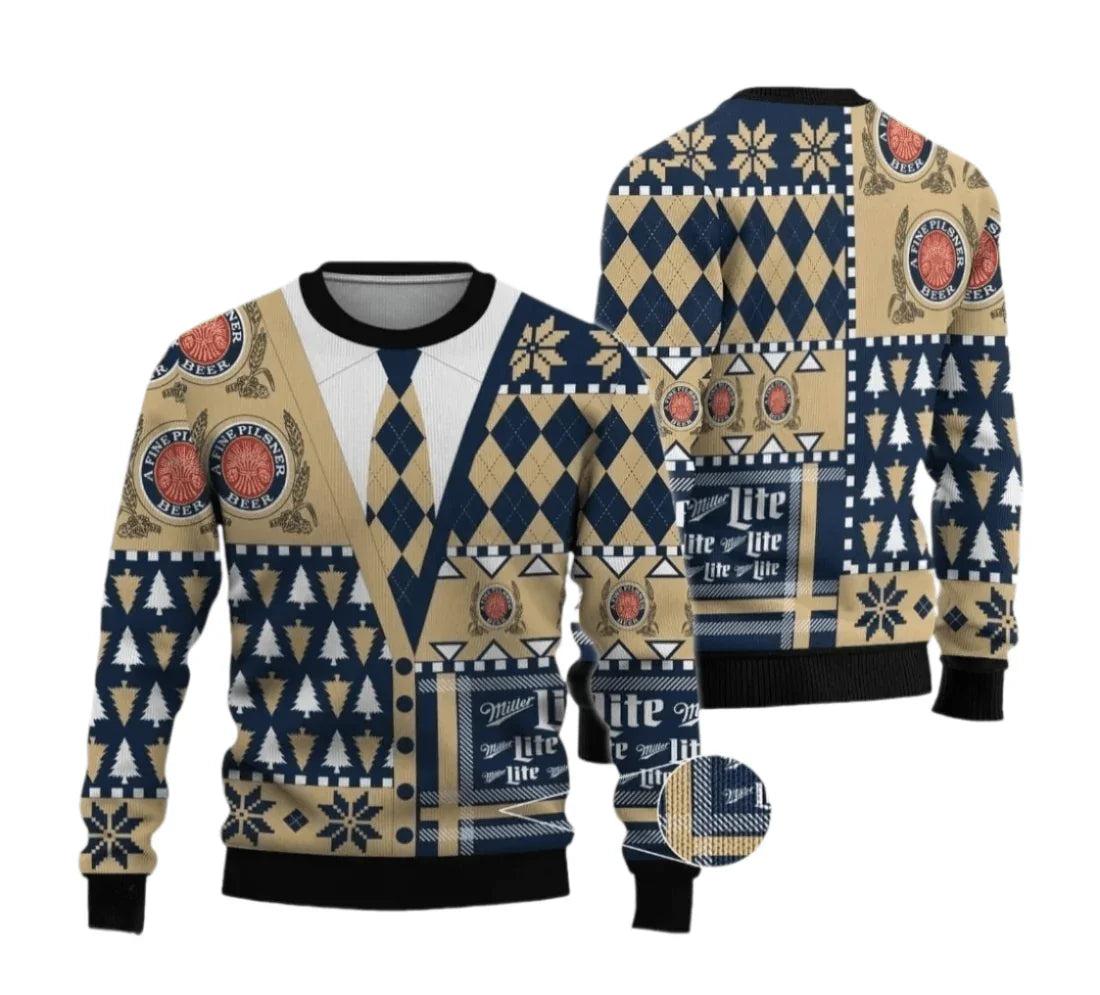 Miller Lite Christmas Diamond Plaid Ugly Christmas Sweater