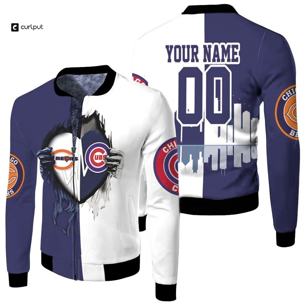Chicago Cubs Custom Name Number Heartbeat Love Ripped Bomber Jacket