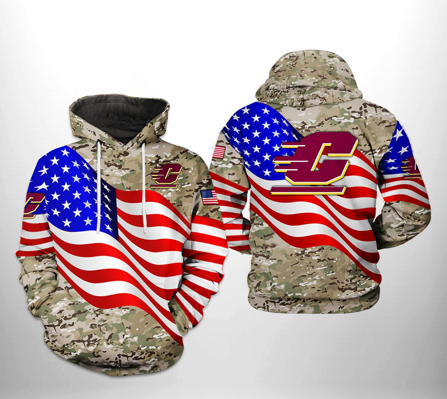 Central Michigan Chippewas US Flag Camo Veteran 3D All Over Print Hoodie & Zip Hoodie