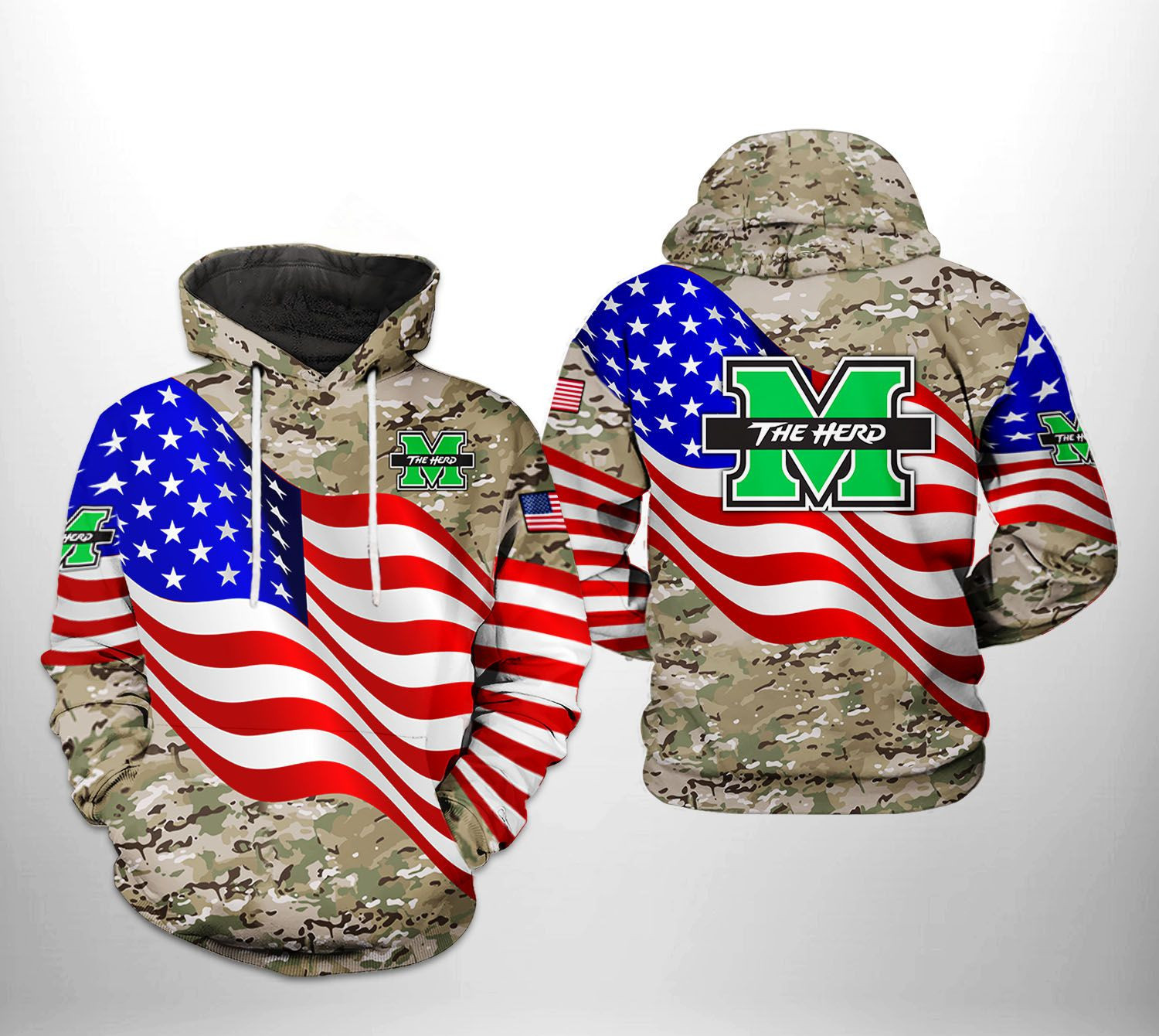 Marshall Thundering Herd US Flag Camo Veteran 3D All Over Print Hoodie & Zip Hoodie