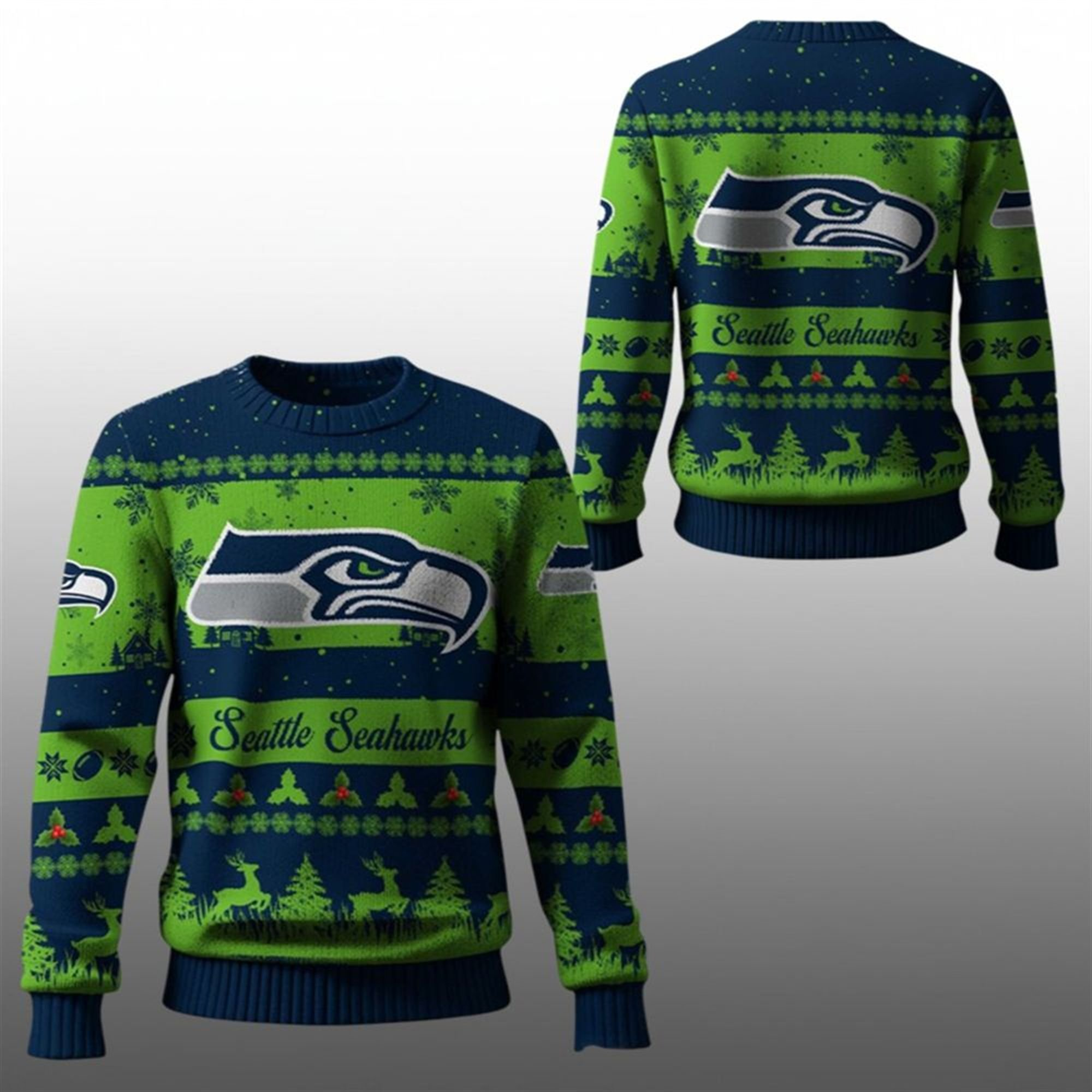 2025 Christmas Seahawks Festive Reindeer Tree Ugly Sweater