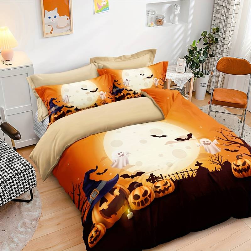 Halloween Bedding Set Pumpkin Ghost Moon Bat Duvet Covers Orange