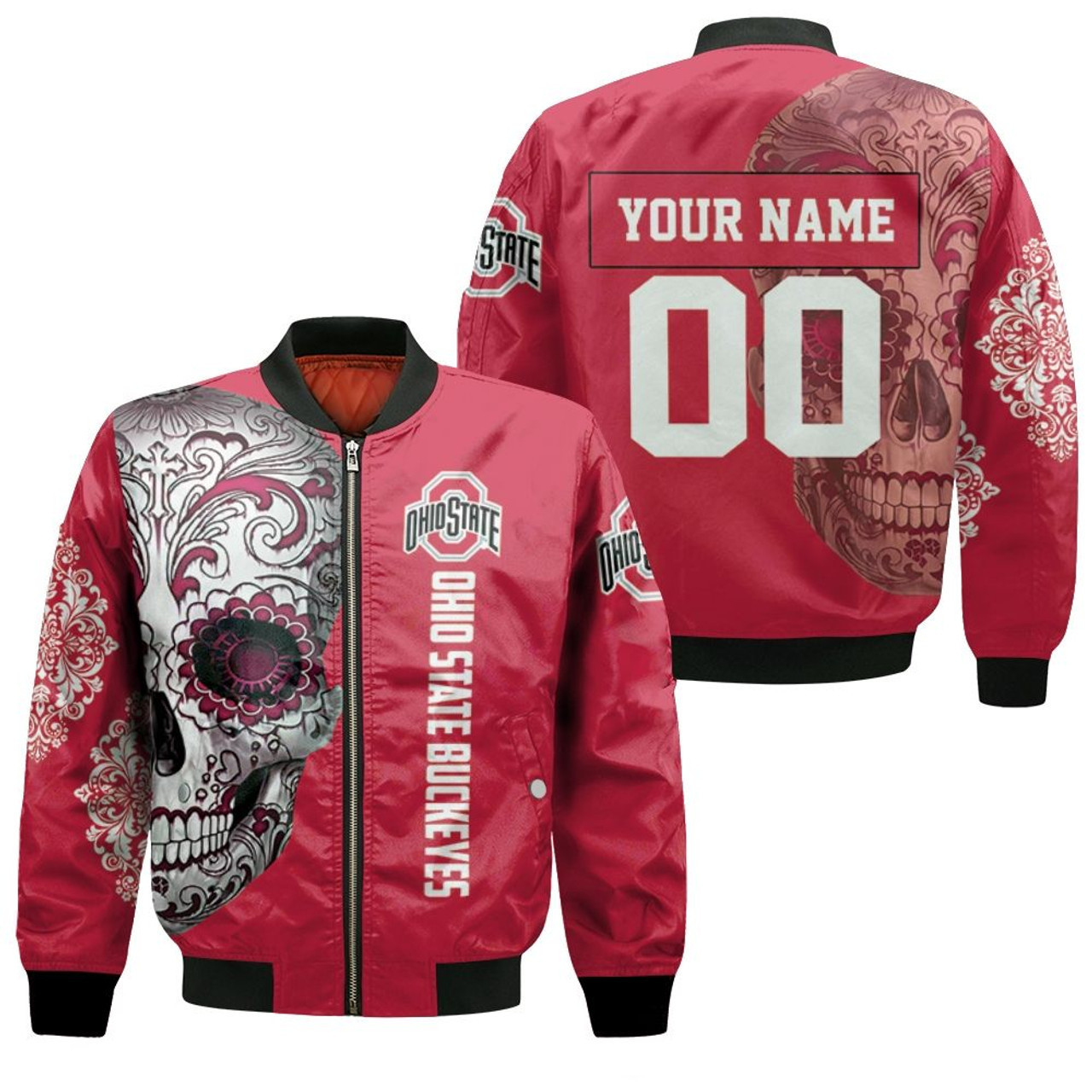 Ohio State Buckeyes Custom Name Number Sugar Skull Bomber Jacket