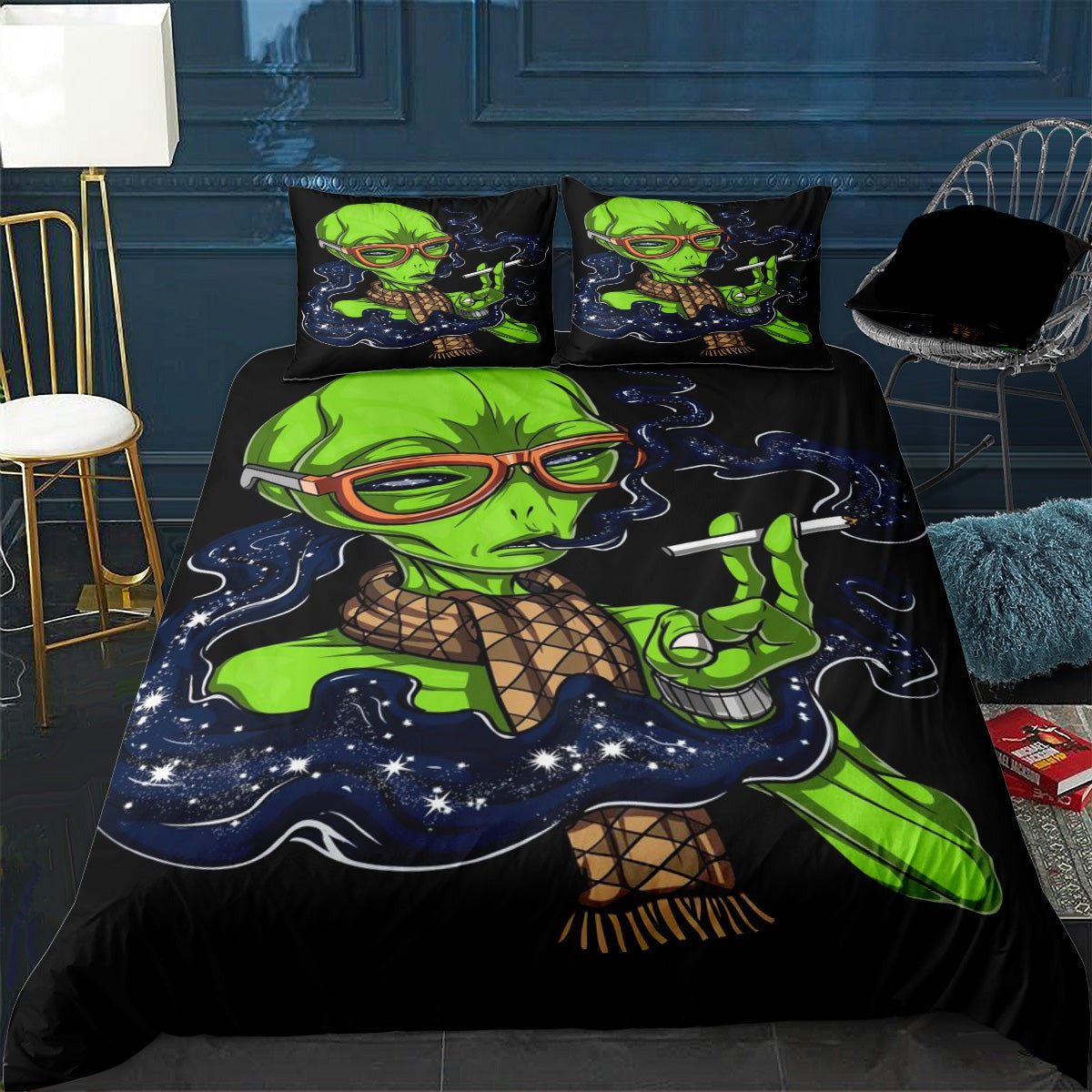 Alien Bedding Set Hipster Alien Psychedelic Graphic Duvet Covers Black