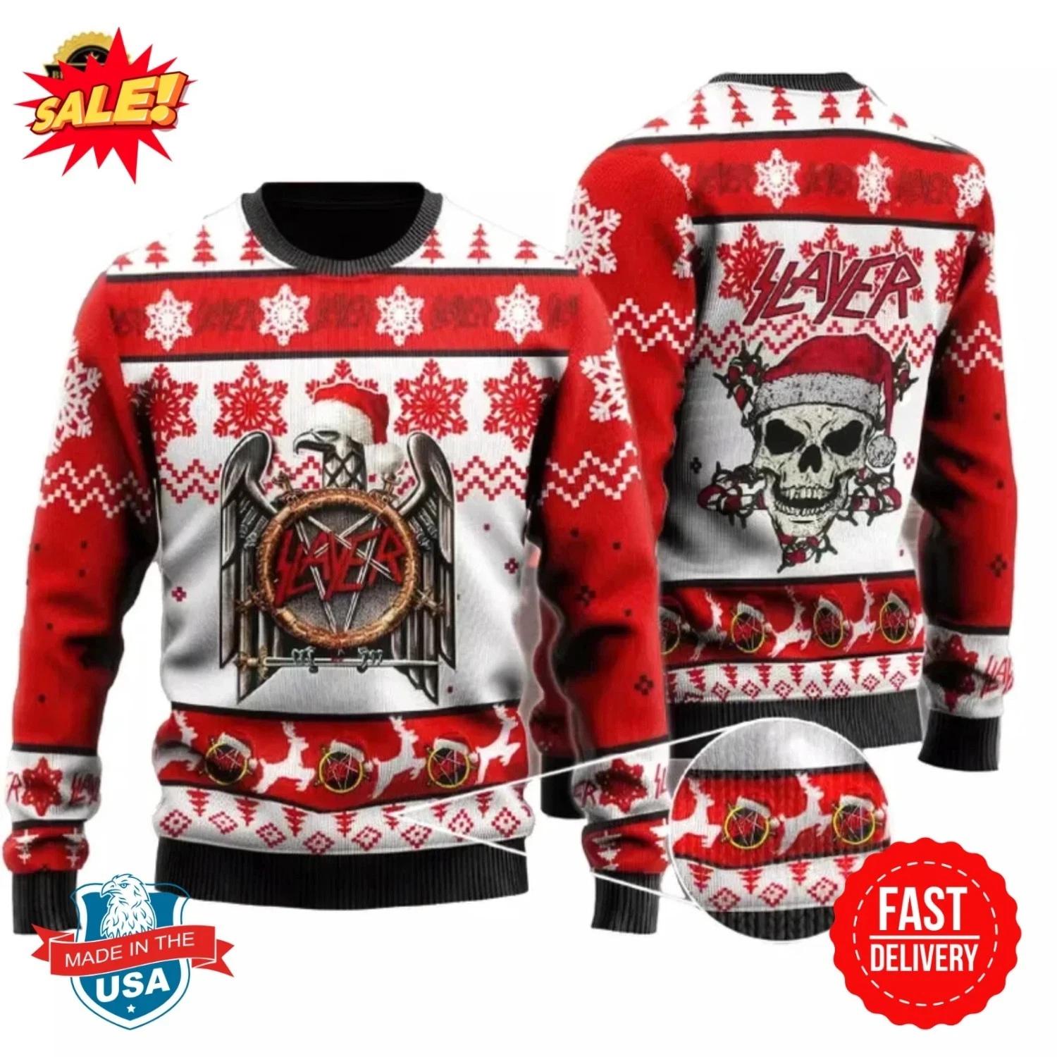 Slayer Heavy Metal Holiday Sweater with Skull Santa Slay Ugly Christmas Sweater
