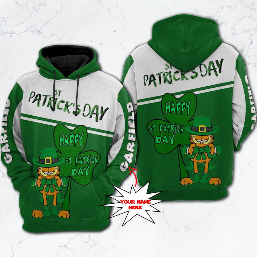 Custom Name Garfield Happy St Patrick’s Day Gift, Garfield Leprechaun Patrick’s Day Aop Hoodie, Zip Hoodie, Fleece Jacket