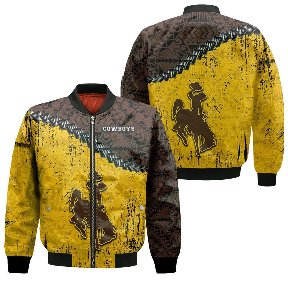 Wyoming Cowboys Grunge Polynesian Tattoo Bomber Jacket